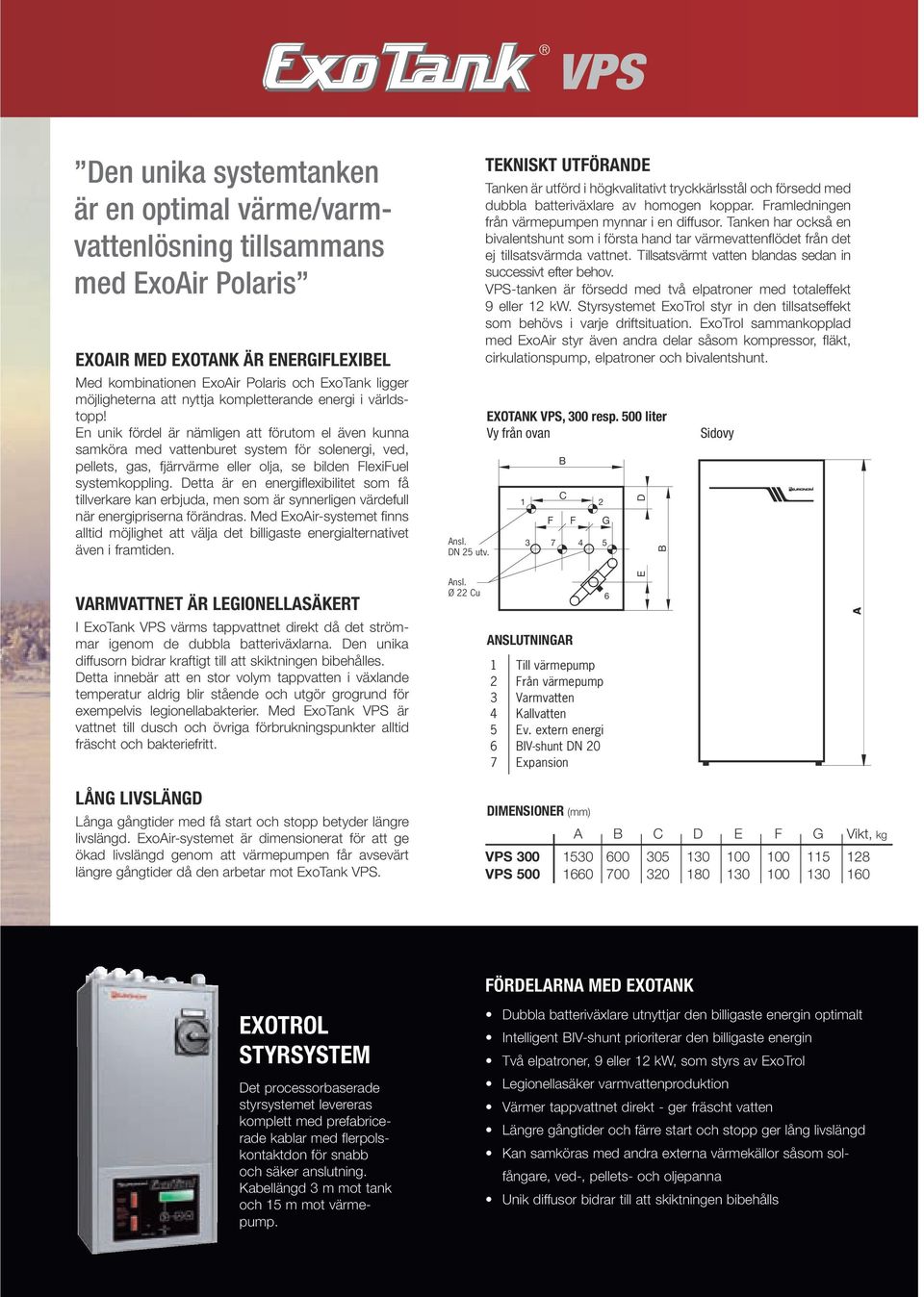 En unik fördel är nämligen att förutom el även kunna samköra med vattenburet system för solenergi, ved, pellets, gas, fjärrvärme eller olja, se bilden FlexiFuel systemkoppling.