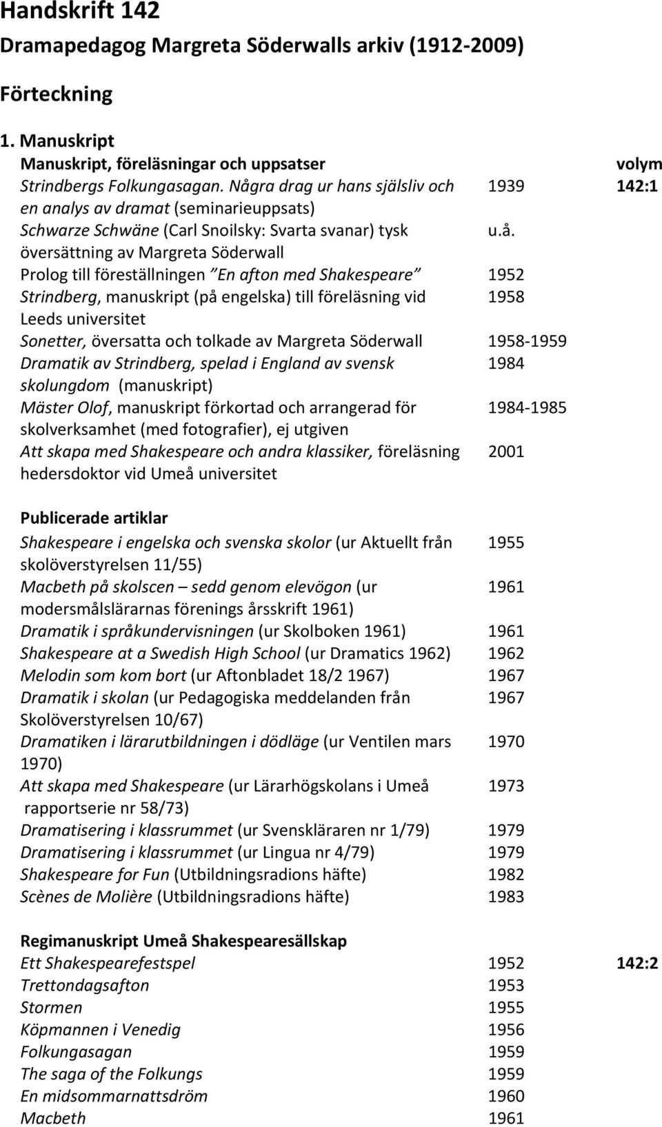 En afton med Shakespeare 1952 Strindberg, manuskript (på engelska) till föreläsning vid 1958 Leeds universitet Sonetter, översatta och tolkade av Margreta Söderwall 1958 1959 Dramatik av Strindberg,