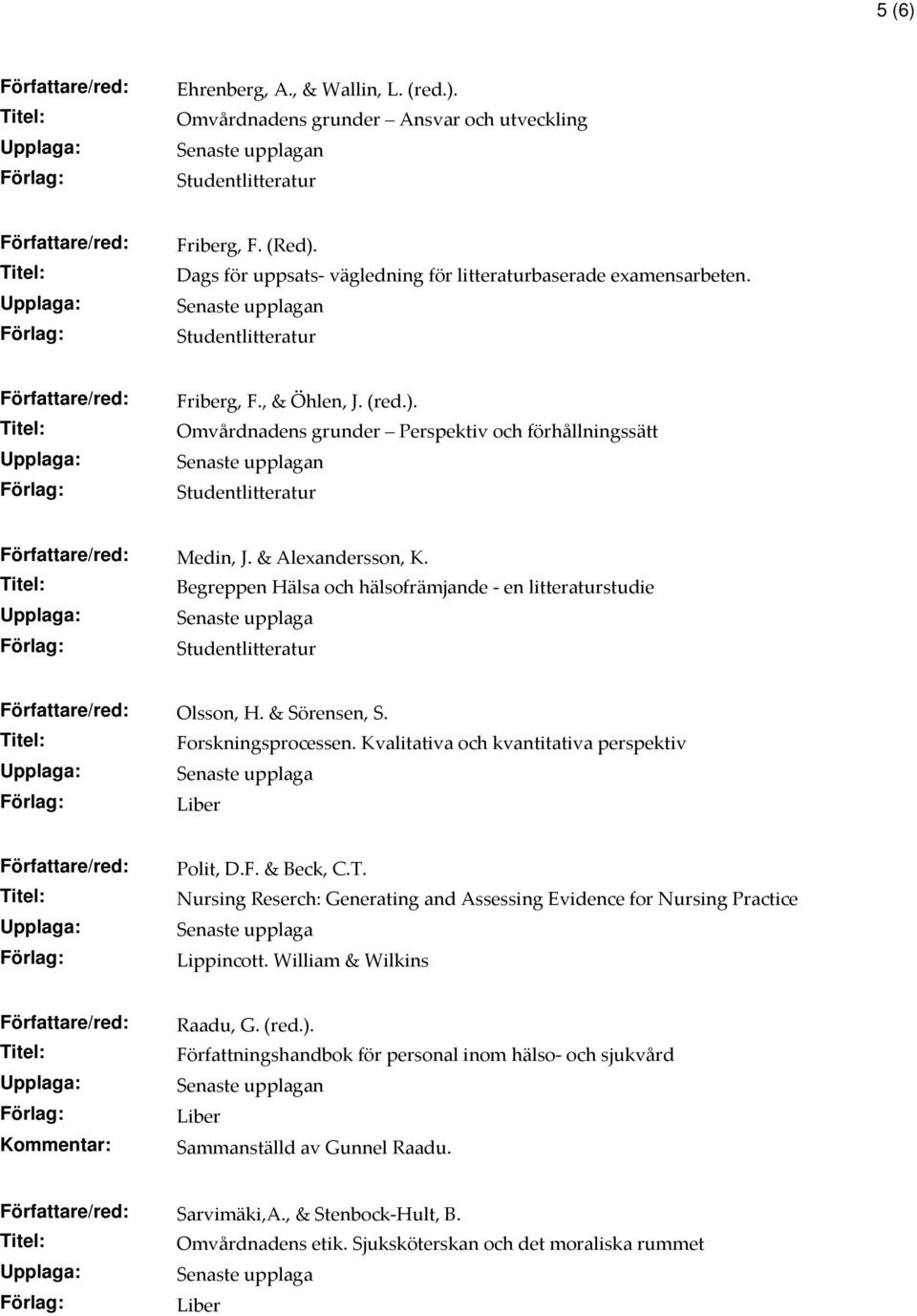 Forskningsprocessen. Kvalitativa och kvantitativa perspektiv Polit, D.F. & Beck, C.T. Nursing Reserch: Generating and Assessing Evidence for Nursing Practice Lippincott.