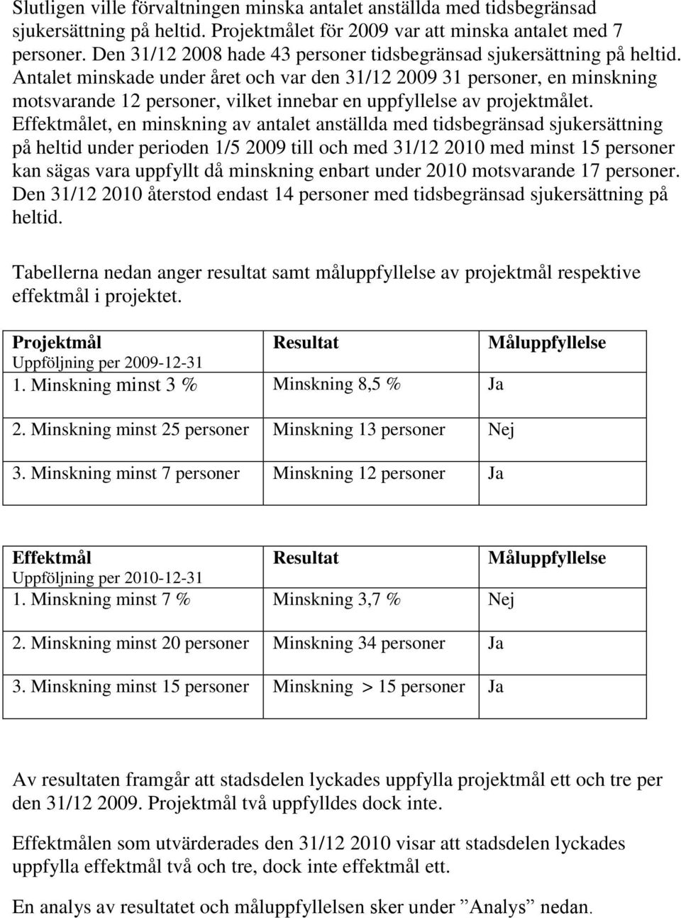 Antalet minskade under året och var den 31/12 2009 31 personer, en minskning motsvarande 12 personer, vilket innebar en uppfyllelse av projektmålet.