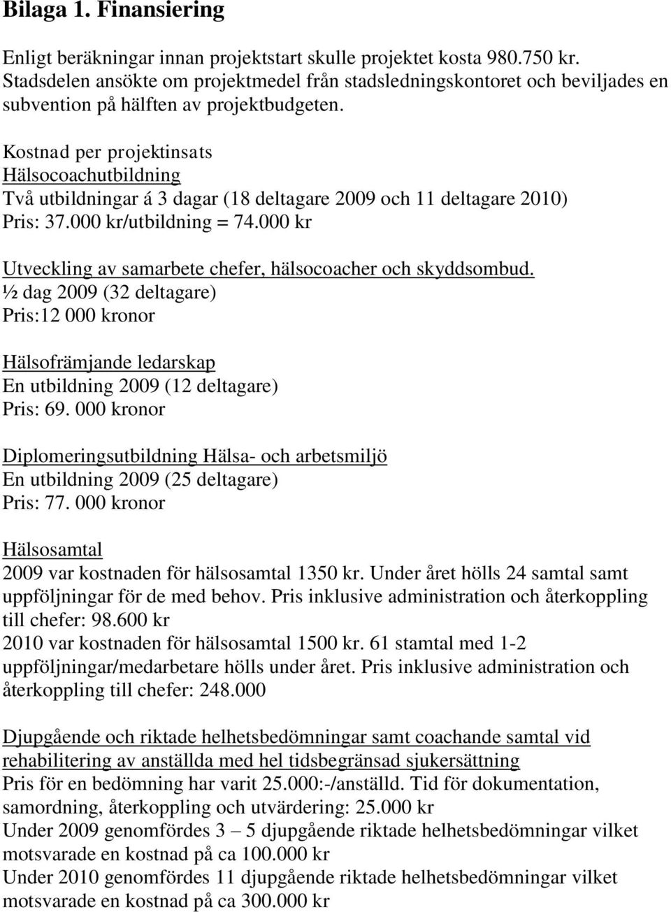 Kostnad per projektinsats Hälsocoachutbildning Två utbildningar á 3 dagar (18 deltagare 2009 och 11 deltagare 2010) Pris: 37.000 kr/utbildning = 74.