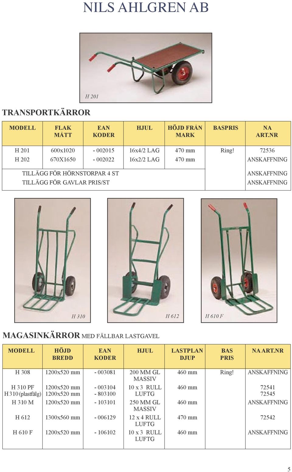 FÄLLBAR LASTGAVEL MODELL HÖJD EAN HJUL LASTPLAN BAS NA ART.NR BREDD KODER DJUP PRIS H 308 1200x520 mm - 003081 200 MM GL 460 mm Ring!