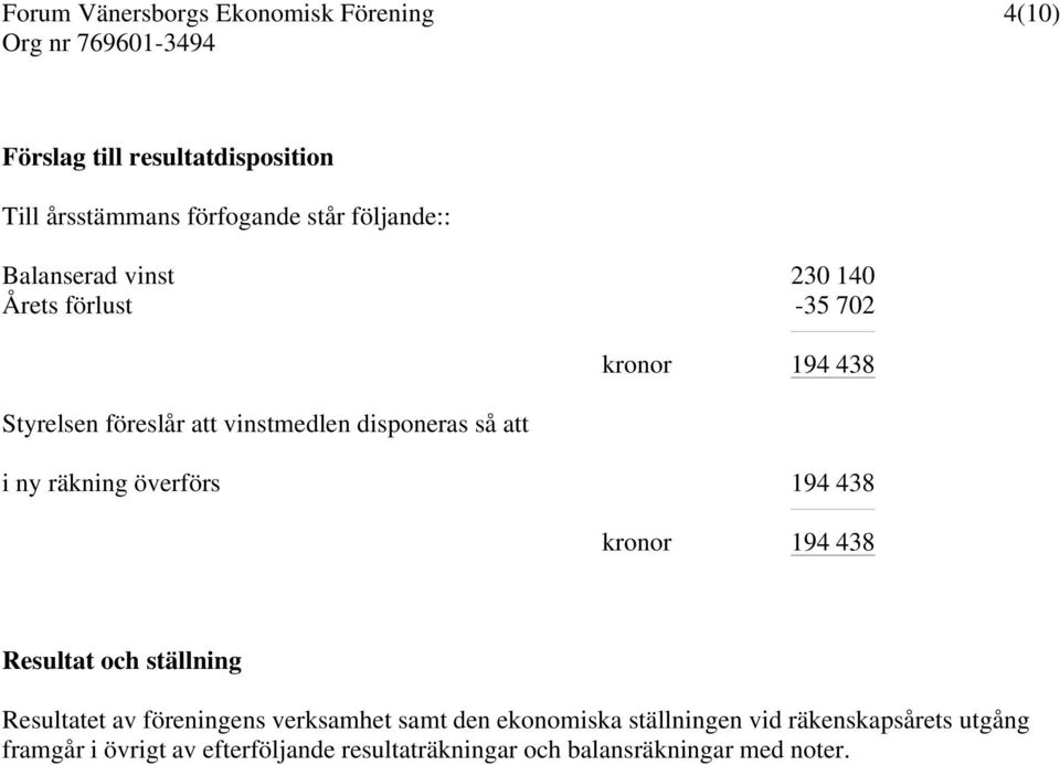 överförs 194 438 kronor 194 438 Resultat och ställning Resultatet av föreningens verksamhet samt den
