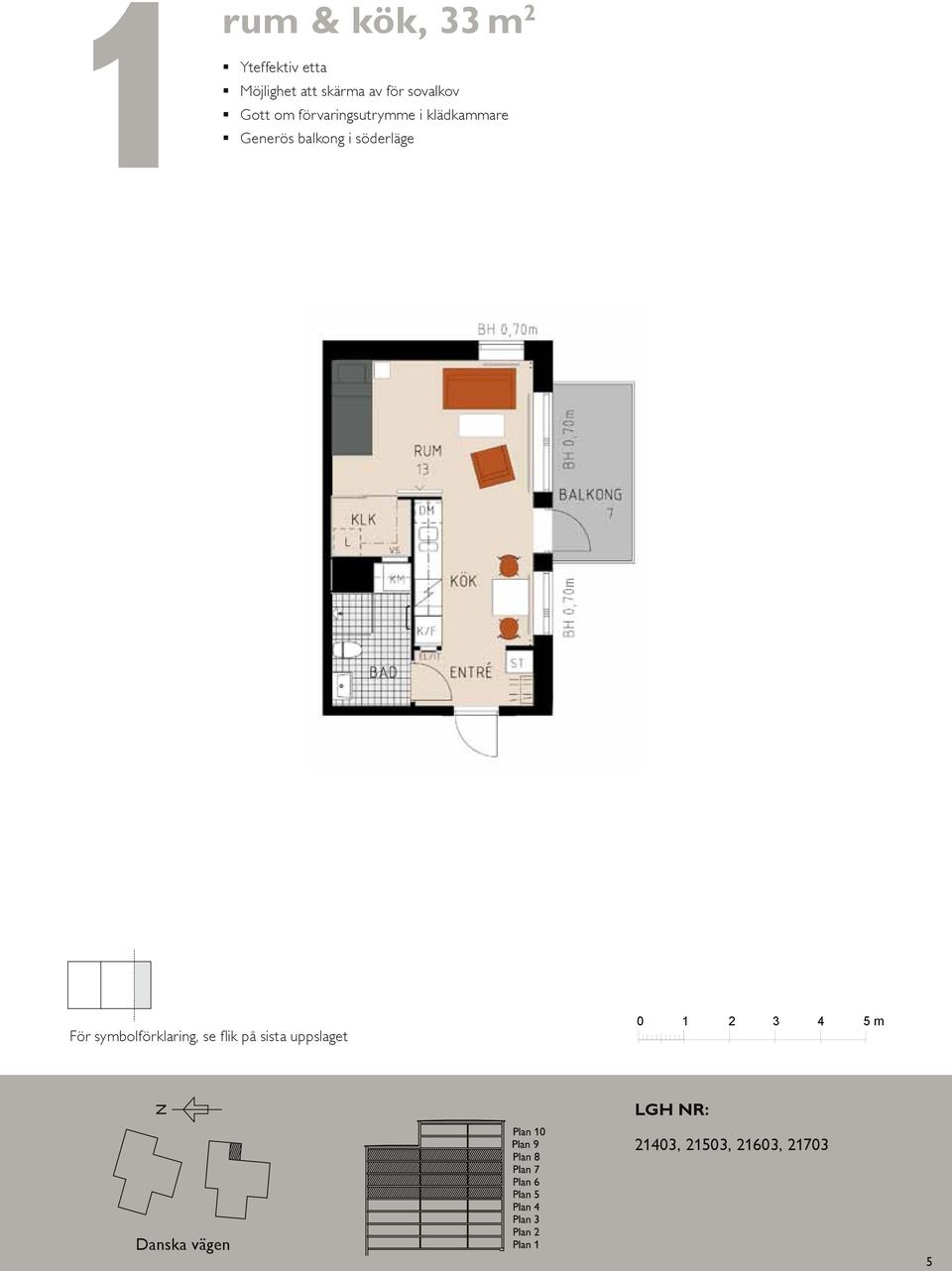 m BH 0,70 m K/F ST G L SG DM KÖK HALL BAD EL/IT KM ETRÉ För symbolförklaring, se flik på sista uppslaget 0 5 m skala :00