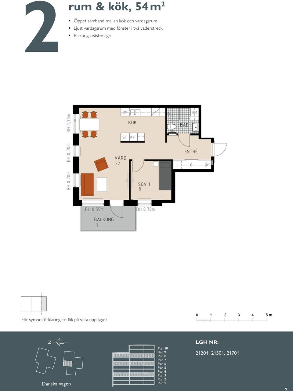 0,55 m BH 0,70 m K/F ST G L SG DM KÖK HALL BAD EL/IT KM ETRÉ För symbolförklaring, se flik på sista uppslaget 0 5 m