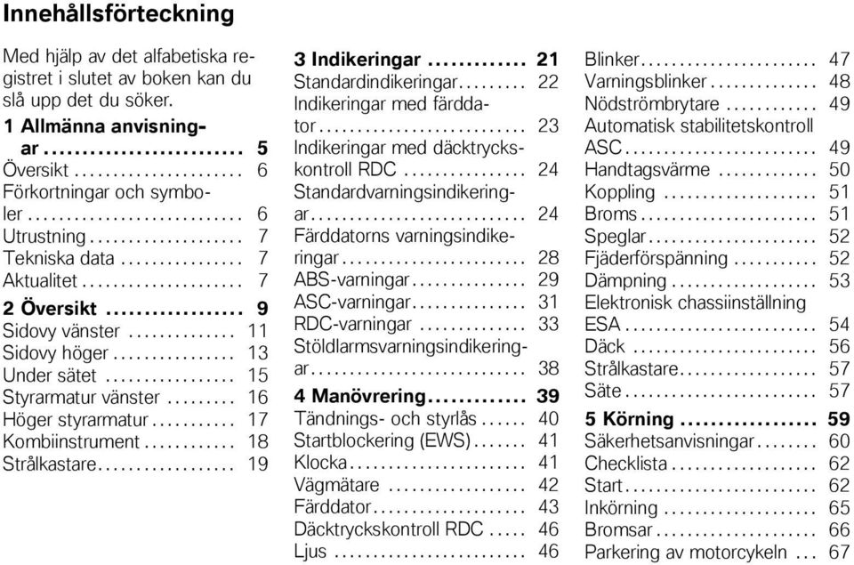 ............... 13 Under sätet................. 15 Styrarmatur vänster......... 16 Höger styrarmatur........... 17 Kombiinstrument............ 18 Strålkastare.................. 19 3 Indikeringar.