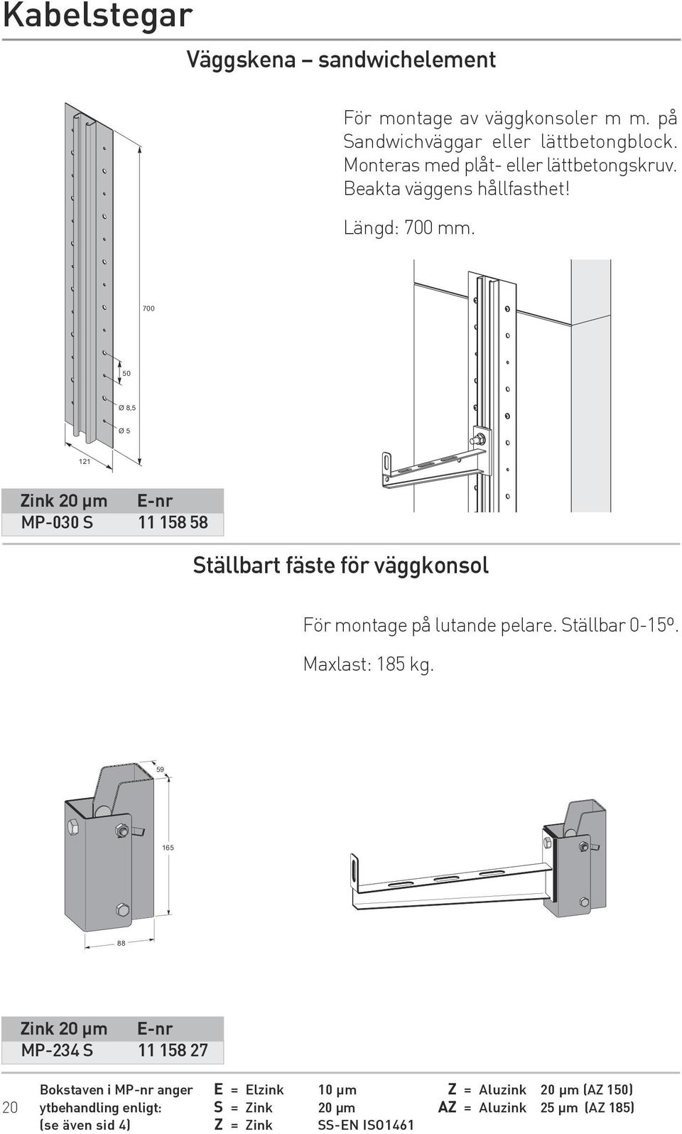 700 50 Ø 8,5 Ø 5 121 Zink 20 µm E-nr MP-030 S 11 158 58 Ställbart fäste för väggkonsol För montage på lutande pelare. Ställbar 0-15º.