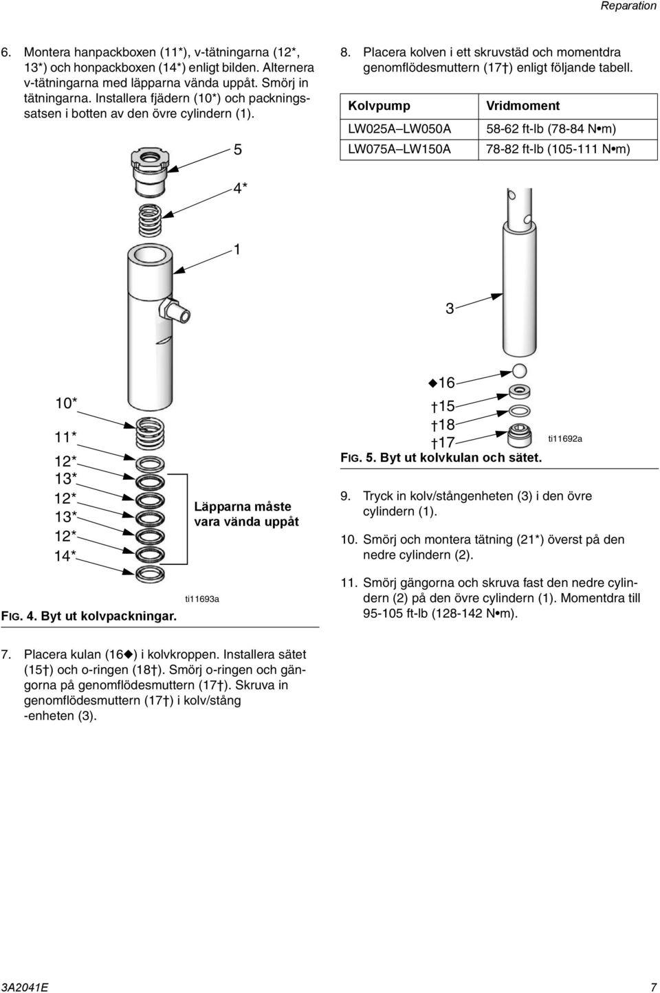Kolvpump LW050A LW075A LW50A Vridmoment 58-62 ft-lb (78-84 N m) 78-82 ft-lb (05- N m) 4* 3 0* * 2* 3* 2* 3* 2* 4* FIG. 4. Byt ut kolvpackningar.