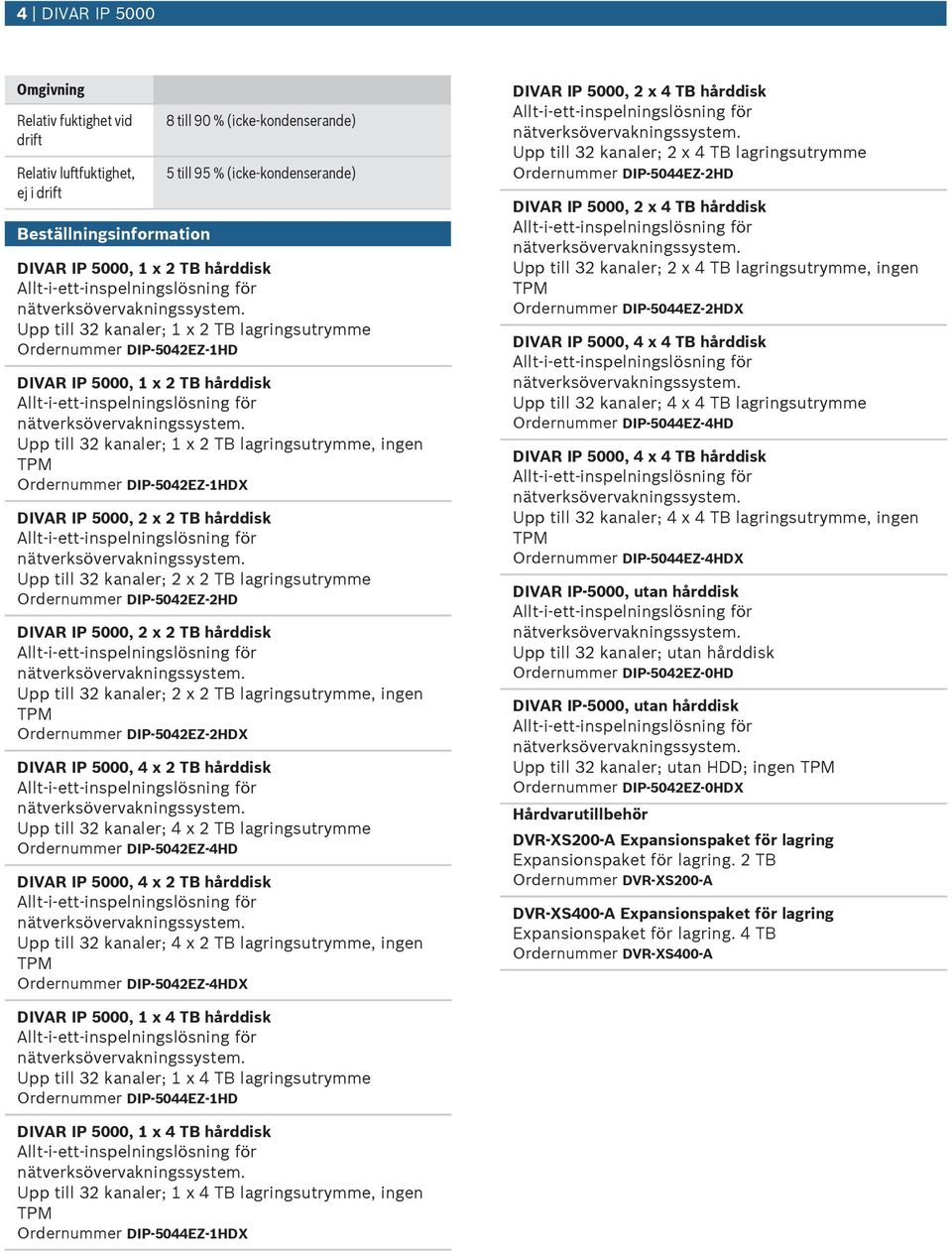 IP 5000, 2 x 2 TB hårddisk Upp till 32 kanaler; 2 x 2 TB lagringstrymme Ordernmmer DIP-5042EZ-2HD DIVAR IP 5000, 2 x 2 TB hårddisk Upp till 32 kanaler; 2 x 2 TB lagringstrymme, ingen Ordernmmer