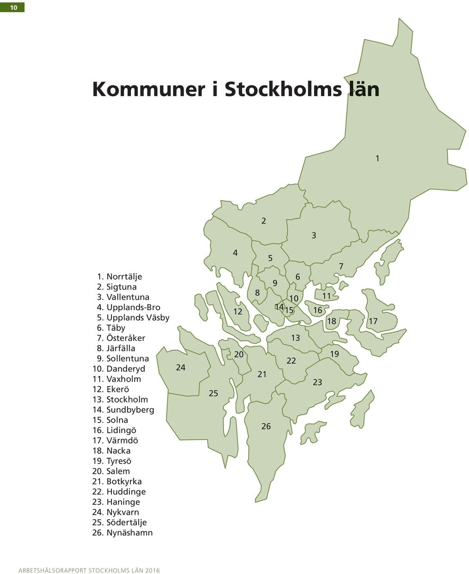 Sundbyberg 15. Solna 16. Lidingö 17. Värmdö 18. Nacka 19. Tyresö 20. Salem 21. Botkyrka 22.