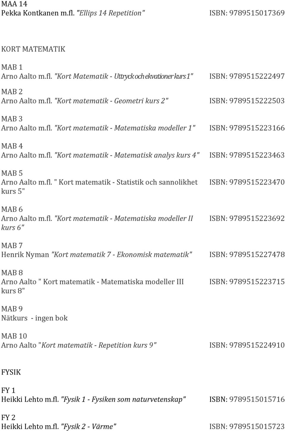 fl. "Kort matematik - Matematiska modeller II kurs 6" MAB 7 Henrik Nyman "Kort matematik 7 - Ekonomisk matematik" MAB 8 Arno Aalto " Kort matematik - Matematiska modeller III kurs 8" ISBN:
