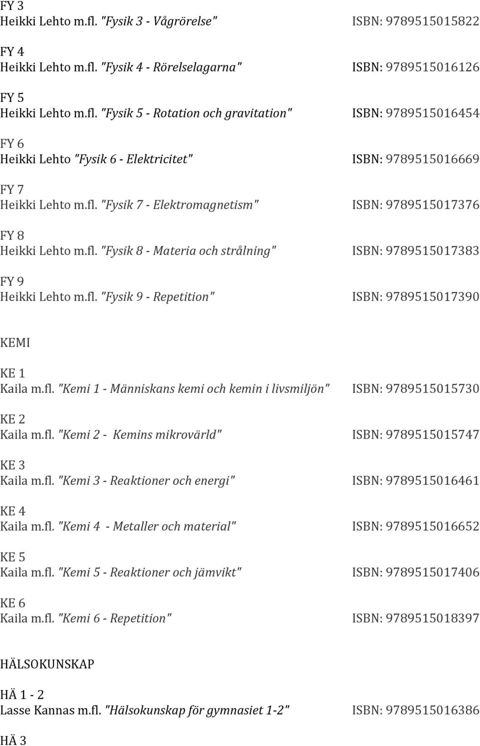 fl. "Kemi 1 - Människans kemi och kemin i livsmiljön" KE 2 Kaila m.fl. "Kemi 2 - Kemins mikrovärld" KE 3 Kaila m.fl. "Kemi 3 - Reaktioner och energi" KE 4 Kaila m.fl. "Kemi 4 - Metaller och material" KE 5 Kaila m.