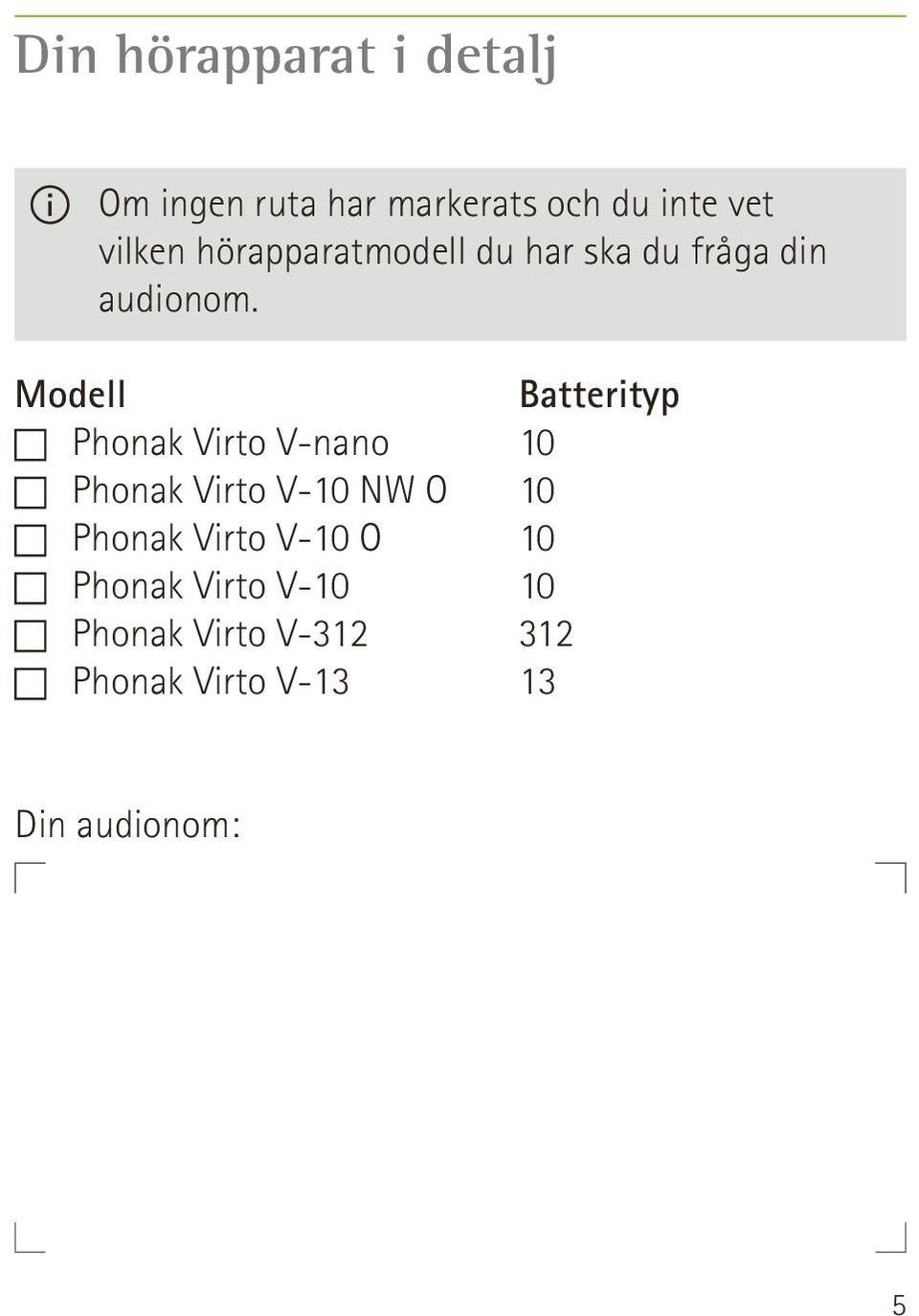 Modell c Phonak Virto V-nano c Phonak Virto V-10 NW O c Phonak Virto V-10 O