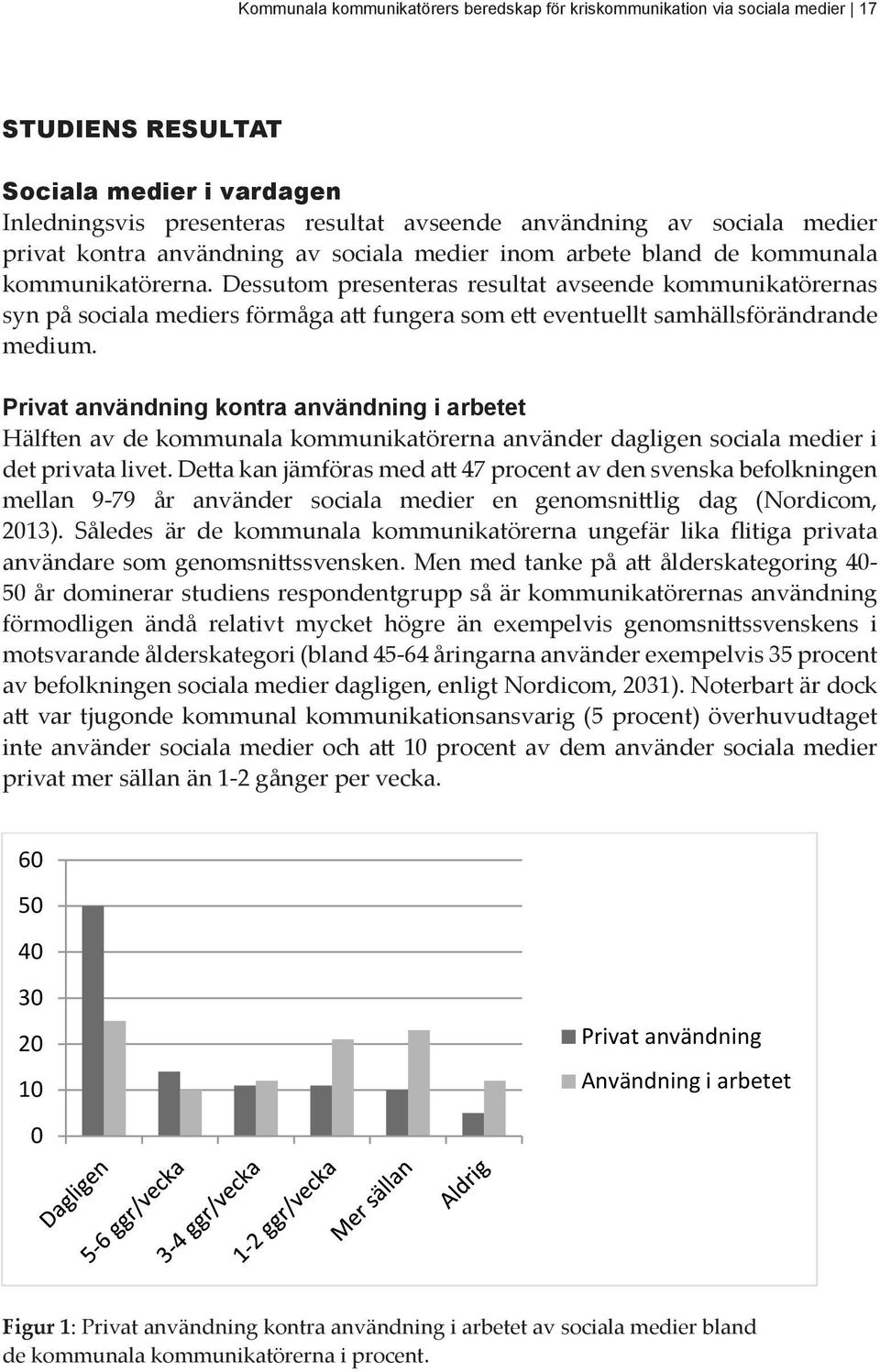 STUDIENS RESULTAT Kommunala kommunikatörers beredskap för kriskommunikation via sociala medier 17 Privat användning kontra användning i arbetet Hälften av de kommunala kommunikatörerna använder