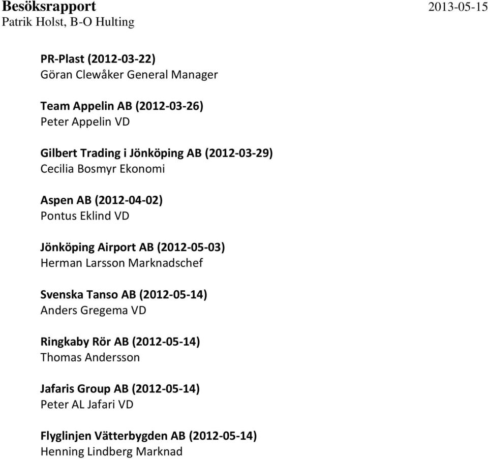 (2012-05-03) Herman Larsson Marknadschef Svenska Tanso AB (2012-05-14) Anders Gregema VD Ringkaby Rör AB (2012-05-14)