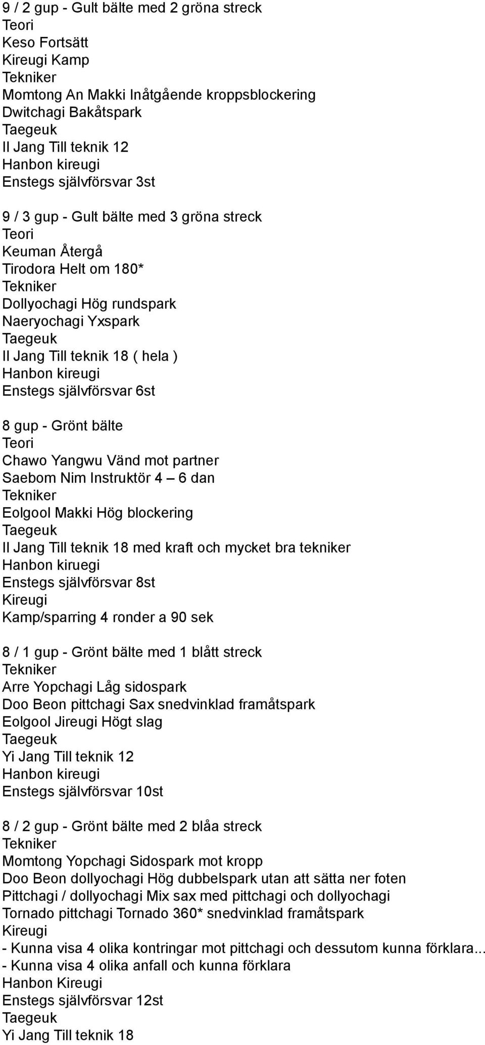 partner Saebom Nim Instruktör 4 6 dan Eolgool Makki Hög blockering Il Jang Till teknik 18 med kraft och mycket bra tekniker Hanbon kiruegi Enstegs självförsvar 8st Kamp/sparring 4 ronder a 90 sek 8 /