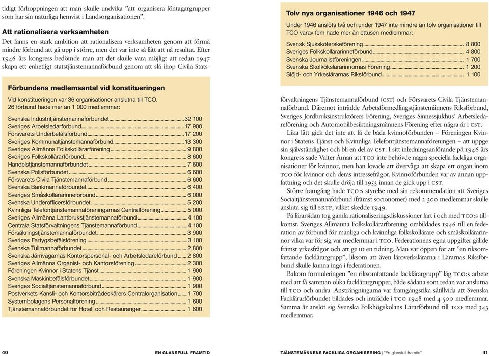 Efter 1946 års kongress bedömde man att det skulle vara möjligt att redan 1947 skapa ett enhetligt statstjänstemannaförbund genom att slå ihop Civila Stats- Tolv nya organisationer 1946 och 1947