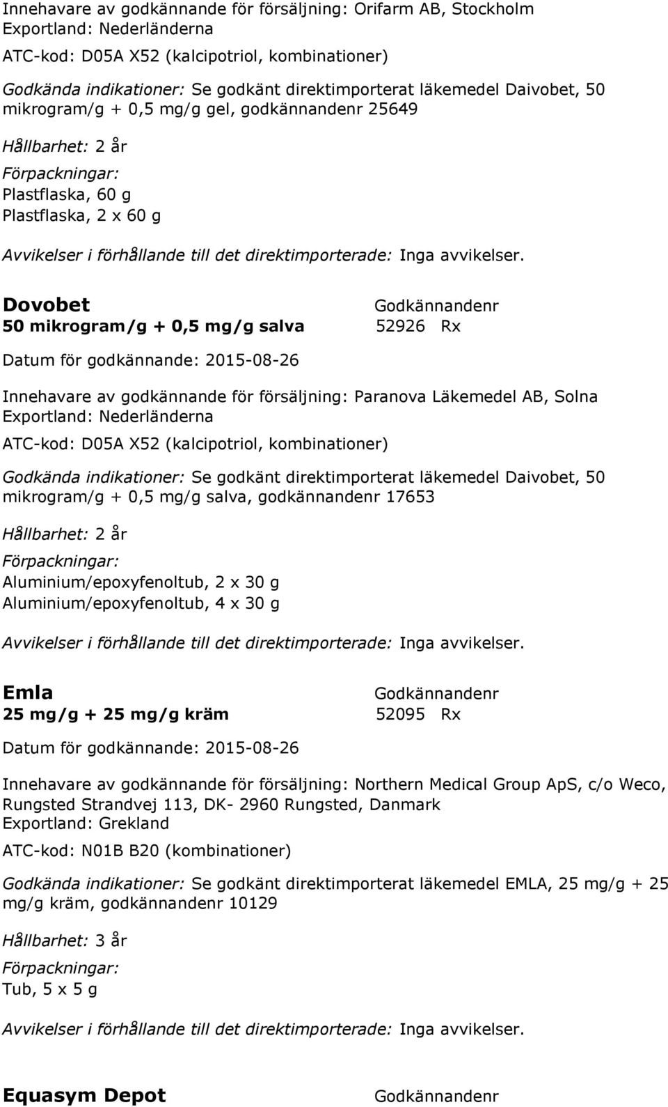 Paranova Läkemedel AB, Solna Exportland: Nederländerna ATC-kod: D05A X52 (kalcipotriol, kombinationer) Godkända indikationer: Se godkänt direktimporterat läkemedel Daivobet, 50 mikrogram/g + 0,5 mg/g