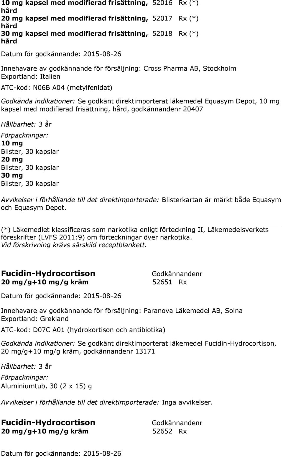 med modifierad frisättning, hård, godkännandenr 20407 10 mg Blister, 30 kapslar 20 mg Blister, 30 kapslar 30 mg Blister, 30 kapslar Avvikelser i förhållande till det direktimporterade: Blisterkartan