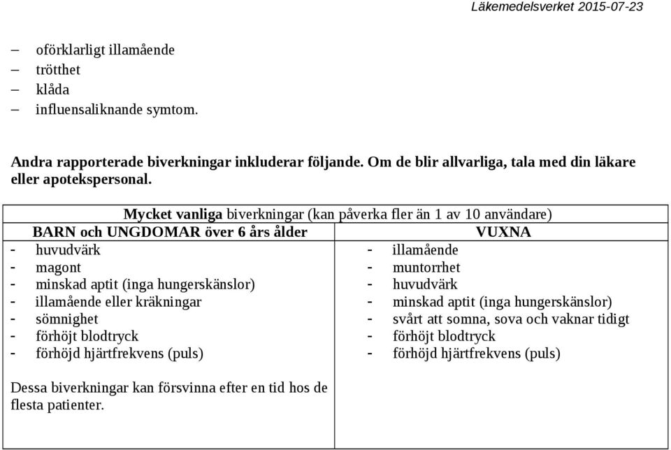 Mycket vanliga biverkningar (kan påverka fler än 1 av 10 användare) BARN och UNGDOMAR över 6 års ålder VUXNA - huvudvärk - illamående - magont - muntorrhet - minskad