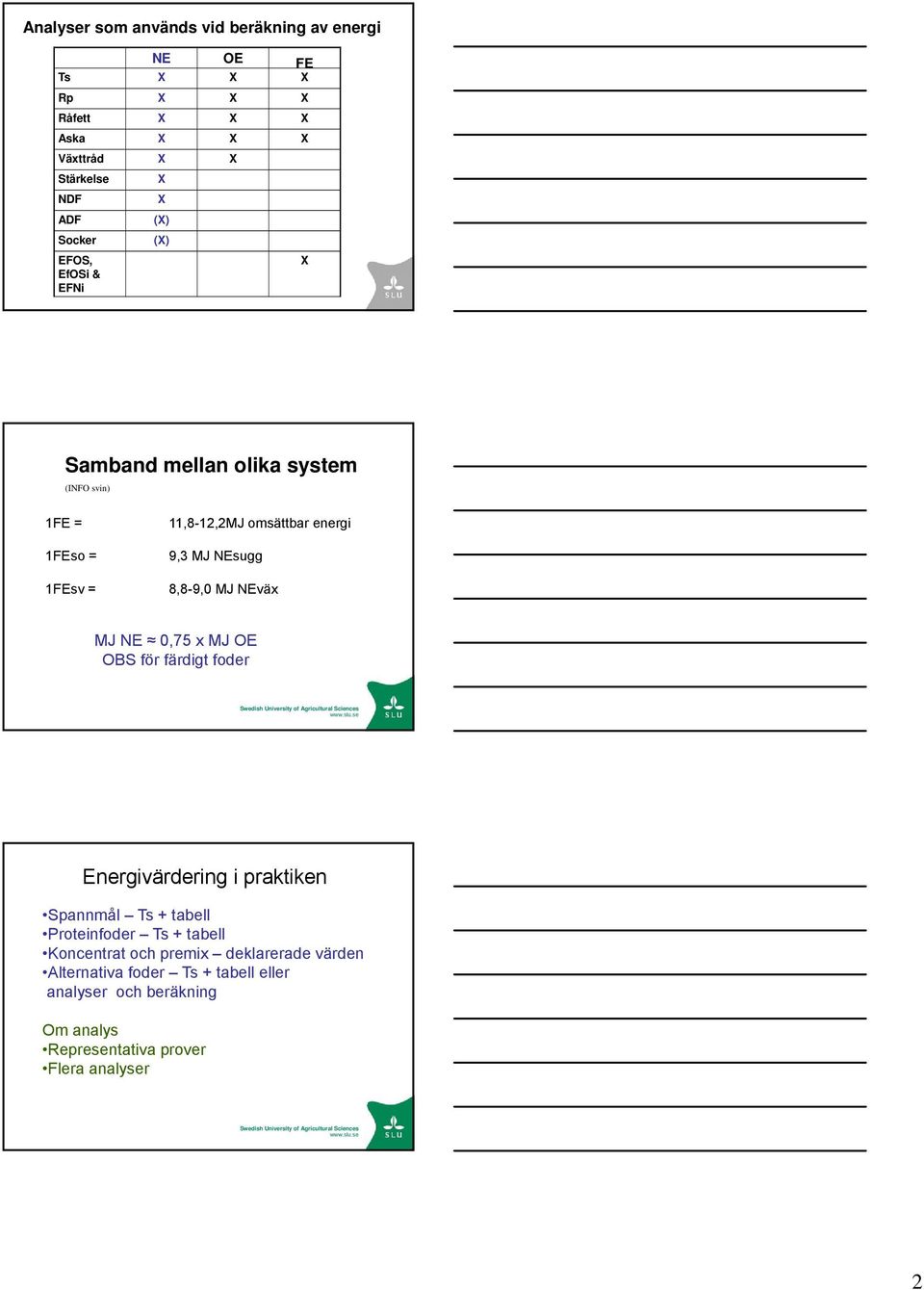 NEsugg 8,8-9,0 MJ NEväx MJ NE 0,75 x MJ OE OBS för färdigt foder Energivärdering i praktiken Spannmål Ts + tabell Proteinfoder Ts +