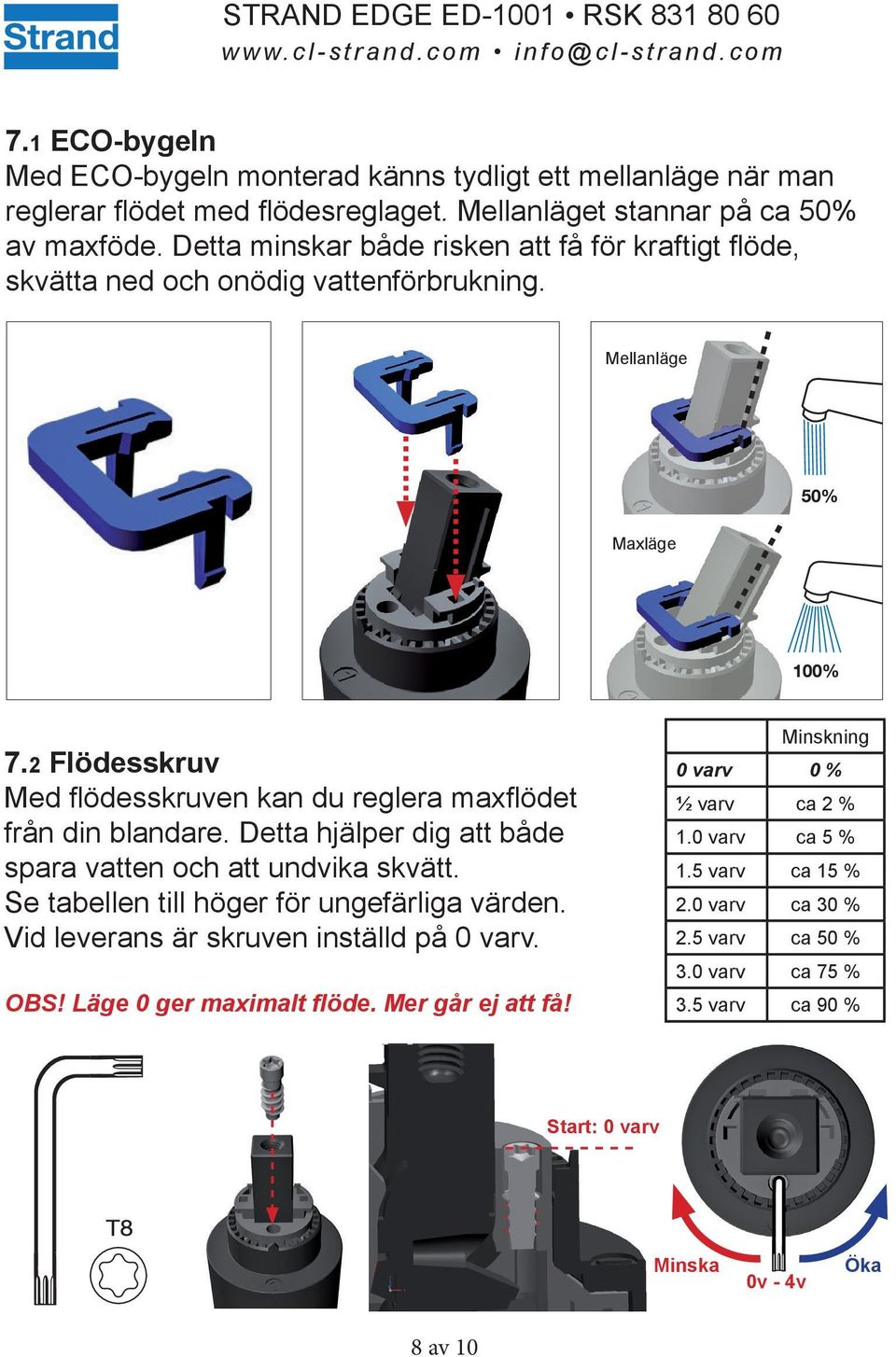 2 Flödesskruv Med flödesskruven kan du reglera maxflödet från din blandare. Detta hjälper dig att både spara vatten och att undvika skvätt.