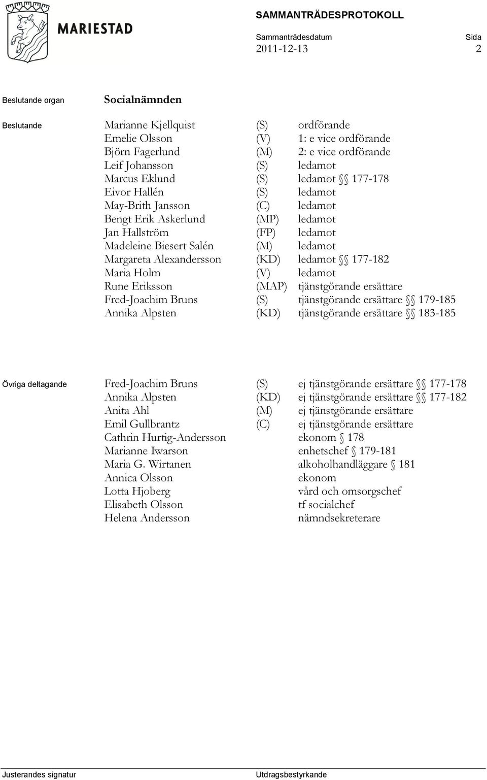 (KD) ledamot 177-182 Maria Holm (V) ledamot Rune Eriksson (MAP) tjänstgörande ersättare Fred-Joachim Bruns (S) tjänstgörande ersättare 179-185 Annika Alpsten (KD) tjänstgörande ersättare 183-185