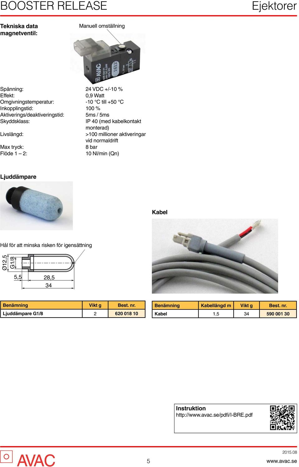 aktiveringar vid normaldrift Max tryck: 8 bar Flöde 1 2: 10 (Qn) Ljuddämpare Kabel Hål för att minska risken för igensättning Ø12,5 G1/8 5,5