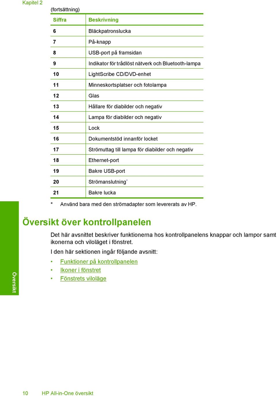 negativ 18 Ethernet-port 19 Bakre USB-port 20 Strömanslutning * 21 Bakre lucka * Använd bara med den strömadapter som levererats av HP.