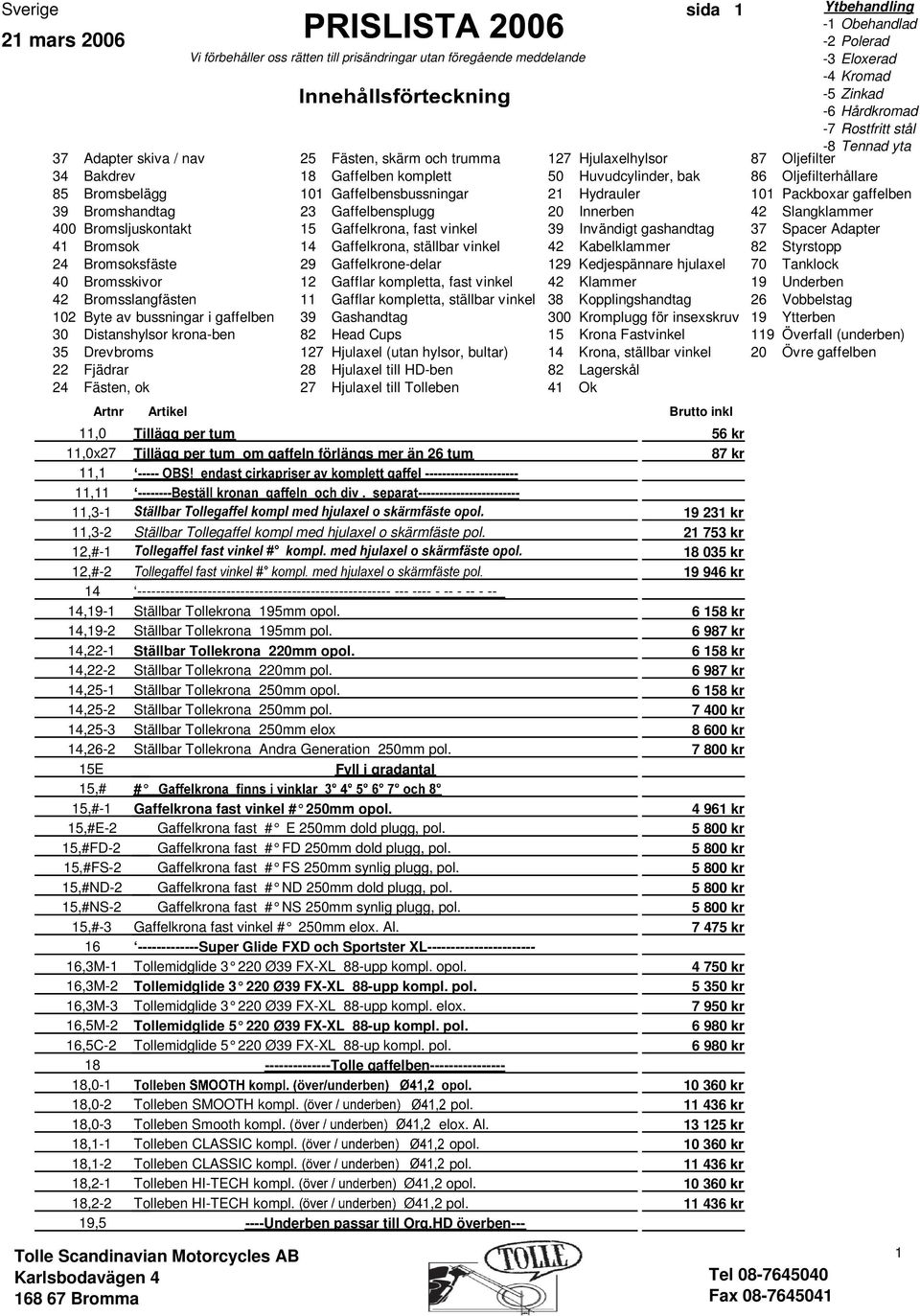 Gaffelbensbussningar 21 Hydrauler 101 Packboxar gaffelben 39 Bromshandtag 23 Gaffelbensplugg 20 Innerben 42 Slangklammer 400 Bromsljuskontakt 15 Gaffelkrona, fast vinkel 39 Invändigt gashandtag 37