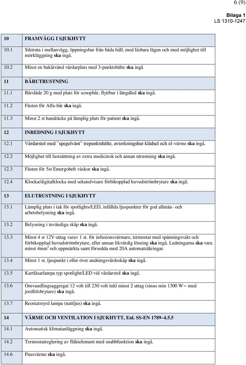 1 Vårdarstol med spegelvänt trepunktsbälte, avtorkningsbar klädsel och el-värme ska ingå. 12.2 Möjlighet till fastsättning av extra medicinsk och annan utrustning ska ingå. 12.3 Fästen för 5st Emergobelt väskor ska ingå.