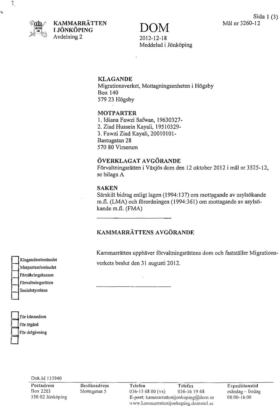 Fawzi Ziad Kayali, 20010101- ÖVERKLAGAT AVGÖRANDE Förvaltningsrätten i Växjös dom den 12 oktober 2012 i mål nr 3525-12, se bilaga A SAKEN Särskilt bidrag enligt lagen (1994:137) om mottagande av
