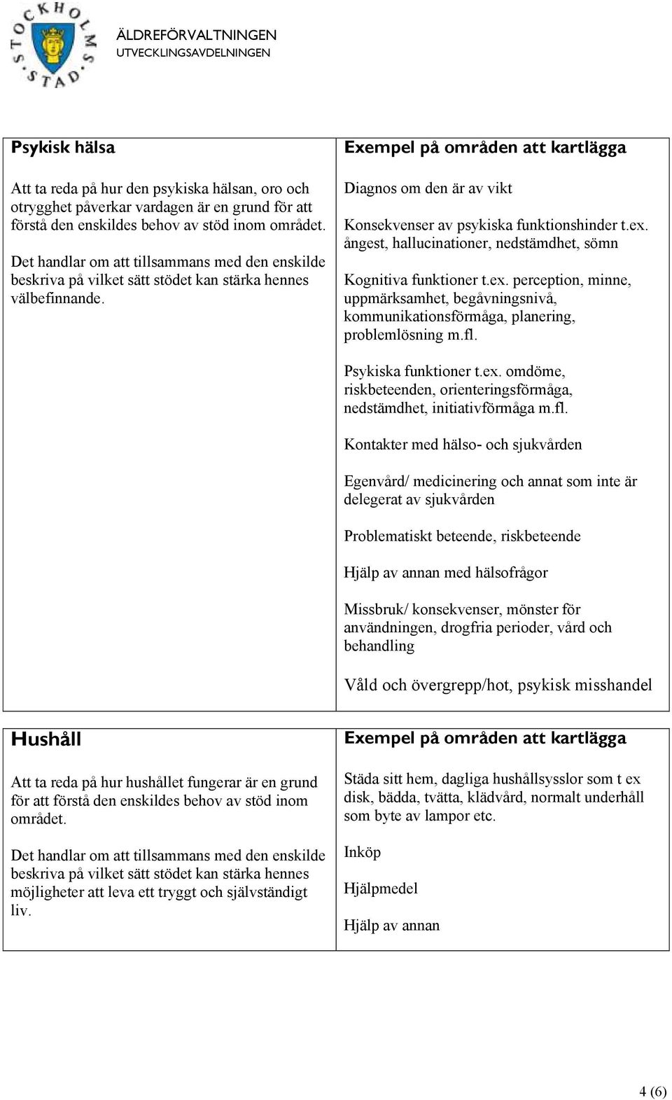 fl. Psykiska funktioner t.ex. omdöme, riskbeteenden, orienteringsförmåga, nedstämdhet, initiativförmåga m.fl. Kontakter med hälso- och sjukvården Egenvård/ medicinering och annat som inte är