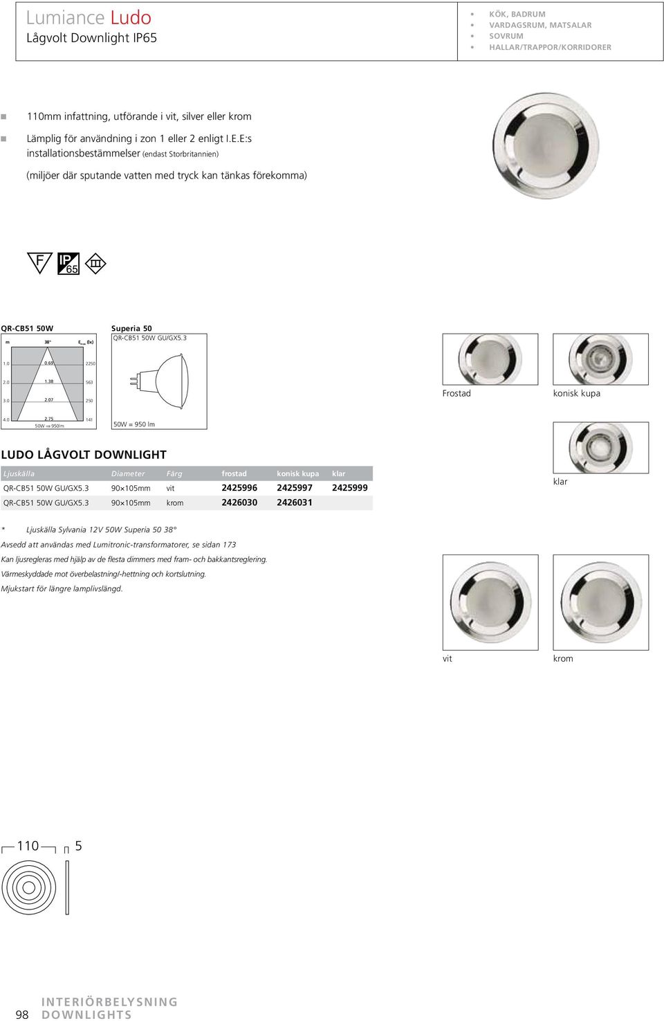 3 2250 7 563 250 Frostad konisk kupa 50W 950l 141 50W = 950 l Ljuskälla Diaeter Fär QR-CB51 50W GU/GX5.3 90 105 vit QR-CB51 50W GU/GX5.