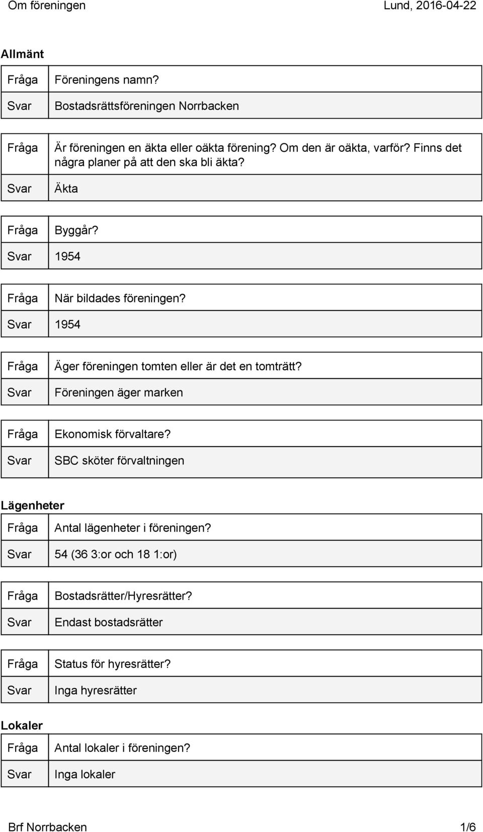 1954 Äger föreningen tomten eller är det en tomträtt? Föreningen äger marken Ekonomisk förvaltare?