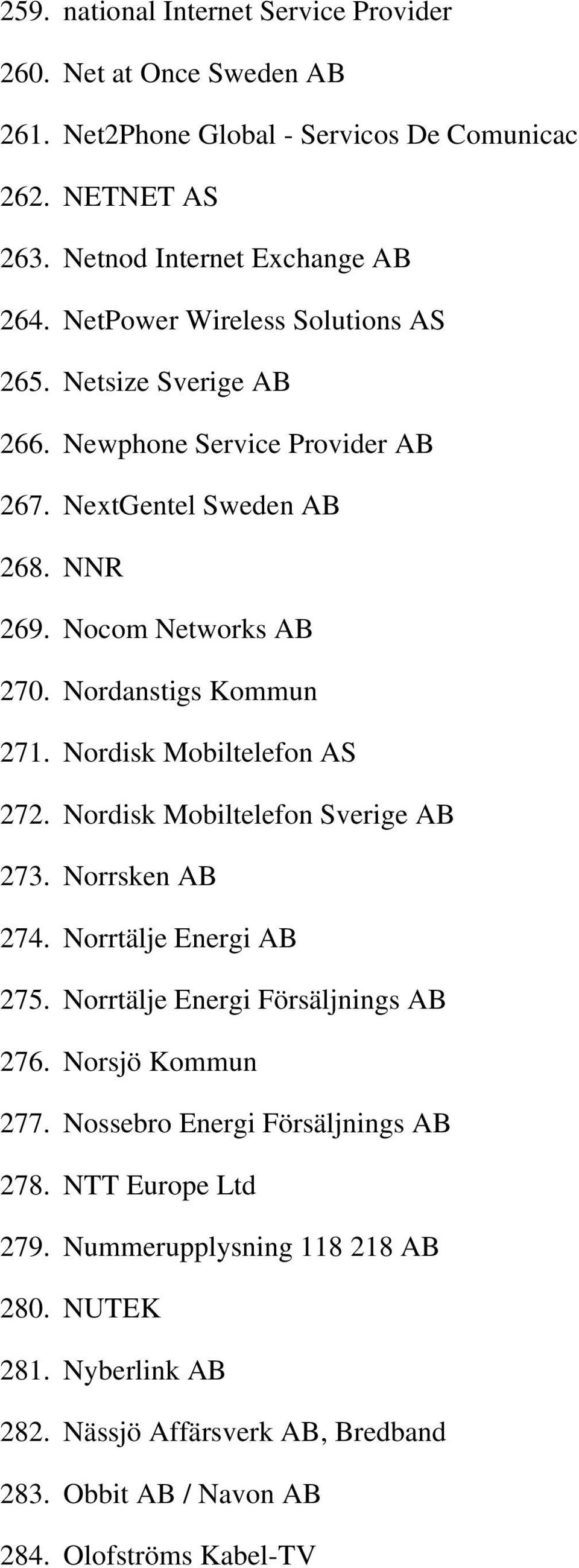 Nordisk Mobiltelefon AS 272. Nordisk Mobiltelefon Sverige AB 273. Norrsken AB 274. Norrtälje Energi AB 275. Norrtälje Energi Försäljnings AB 276. Norsjö Kommun 277.