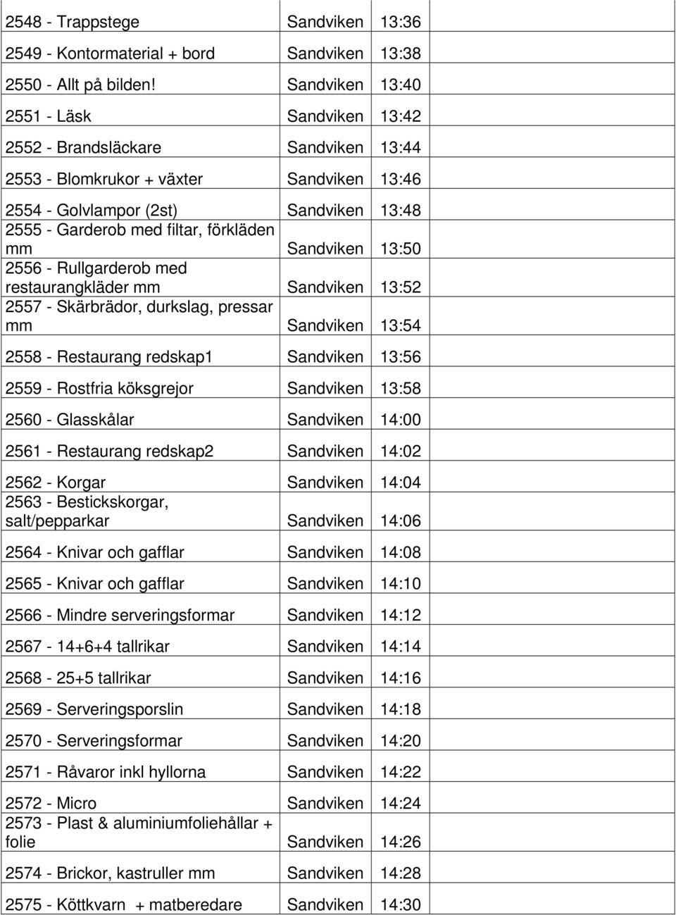 förkläden mm Sandviken 13:50 2556 - Rullgarderob med restaurangkläder mm Sandviken 13:52 2557 - Skärbrädor, durkslag, pressar mm Sandviken 13:54 2558 - Restaurang redskap1 Sandviken 13:56 2559 -