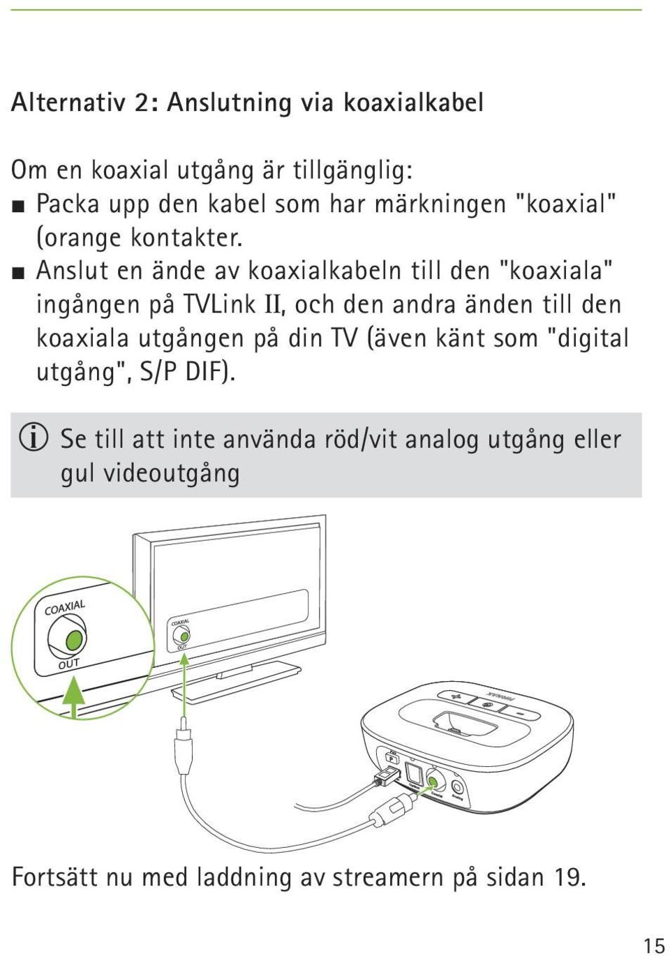 J Anslut en ände av koaxialkabeln till den "koaxiala" ingången på TVLink II, och den andra änden till den