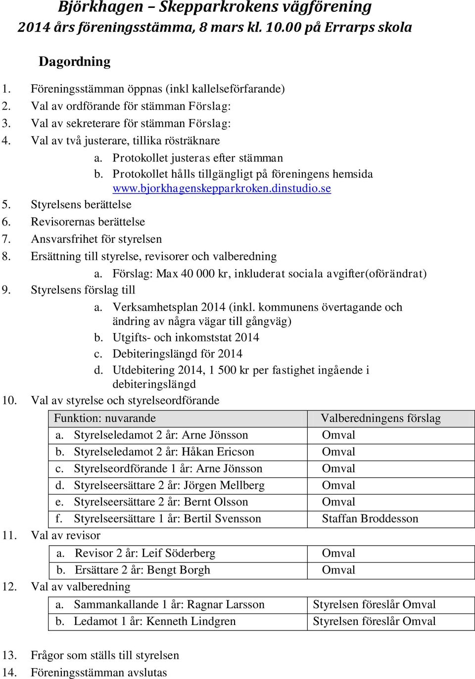 Ansvarsfrihet för styrelsen 8. Ersättning till styrelse, revisorer och valberedning a. Förslag: Max 40 000 kr, inkluderat sociala avgifter(oförändrat) 9. Styrelsens förslag till a.