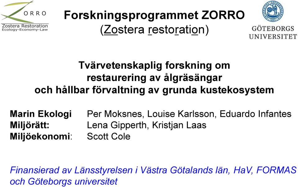 Miljöekonomi: Per Moksnes, Louise Karlsson, Eduardo Infantes Lena Gipperth, Kristjan Laas