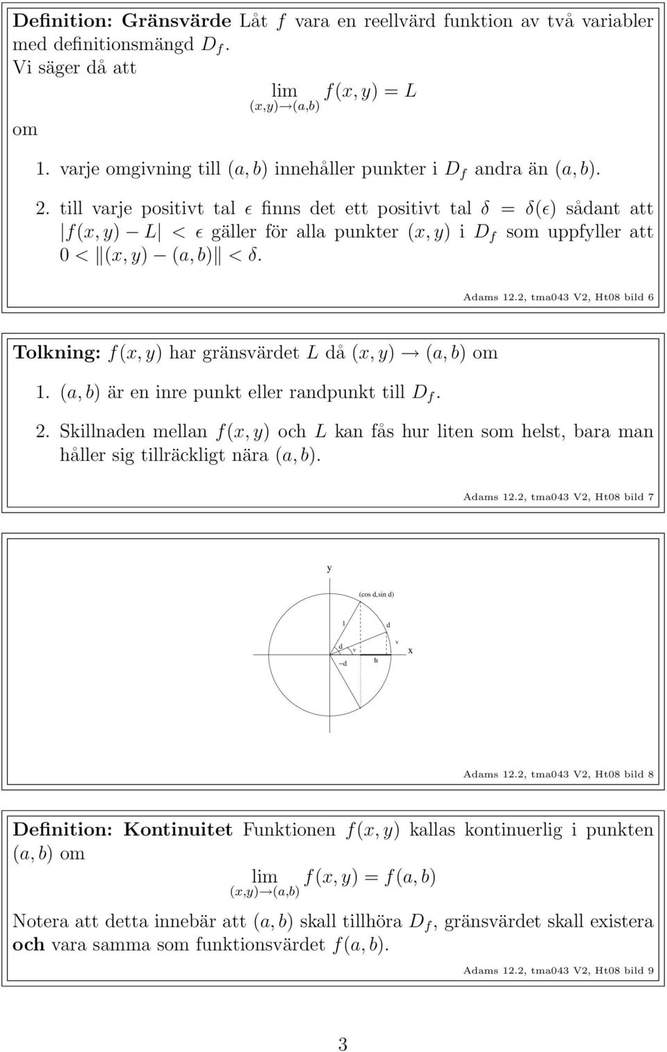 till varje positivt tal ɛ finns det ett positivt tal δ = δ(ɛ) sådant att f(x, y) L < ɛ gäller för alla punkter (x, y) i D f som uppfyller att 0 < (x, y) (a, b) < δ. Adams 12.