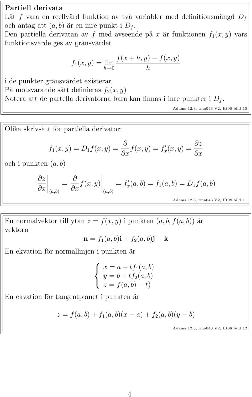 På motsvarande sätt definieras f 2 (x, y) Notera att de partella derivatorna bara kan finnas i inre punkter i D f. Adams 12.