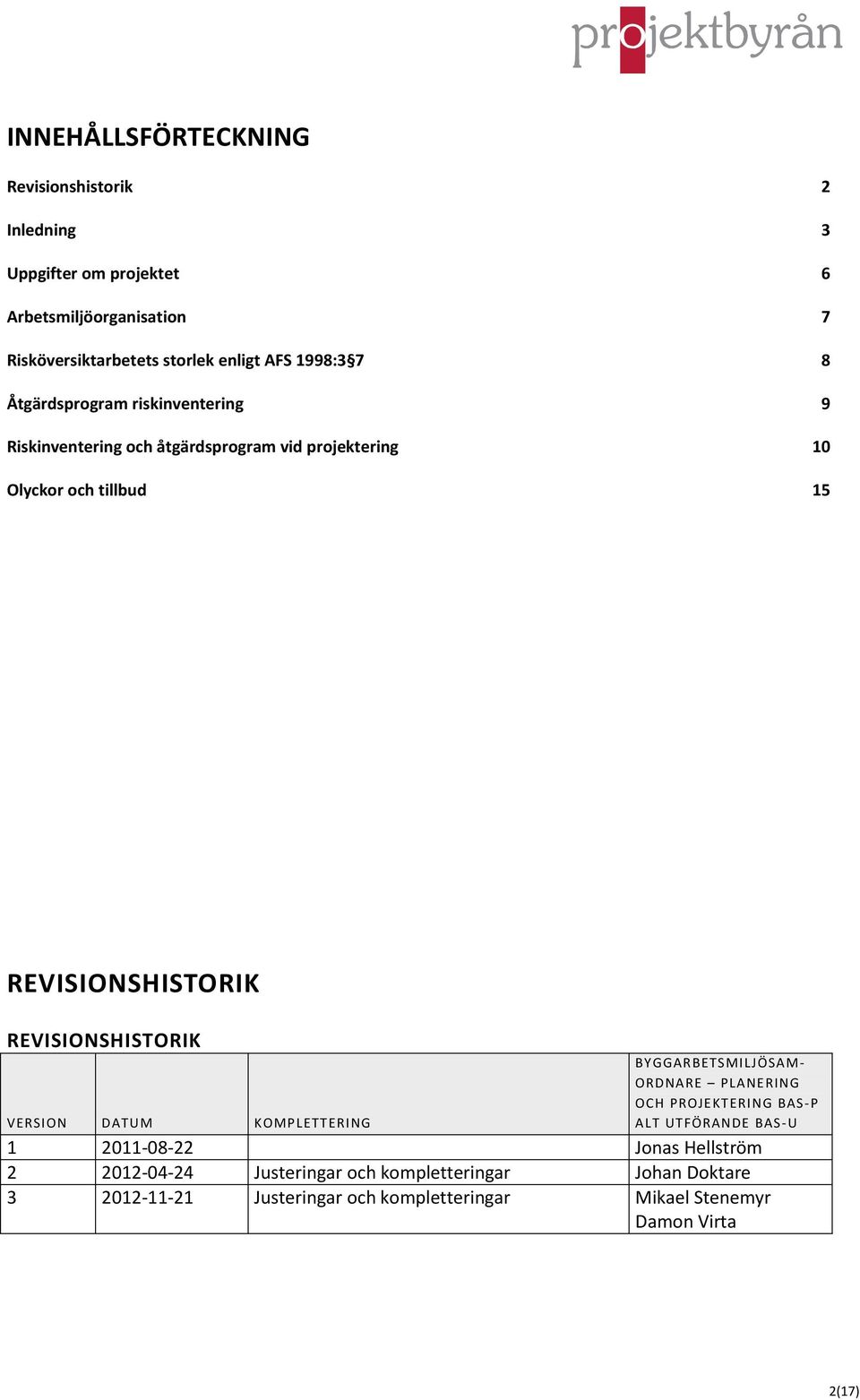 REVISIONSHISTORIK VERSION DATUM KOMPLETTERING BYGGARBETSMILJÖSA M- ORDNARE PLANERING OCH PROJEKTERING BAS -P ALT UTFÖRANDE BAS -U 1 2011-08-22