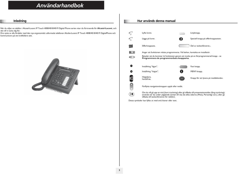 Lägga på luren. Linjeknapp. Speciell knapp på sifferknappsatsen. Sifferknappsats. Del av teckenfönstret.;. Anger att funktionen måste programmeras. Vid behov, kontakta en installatör.