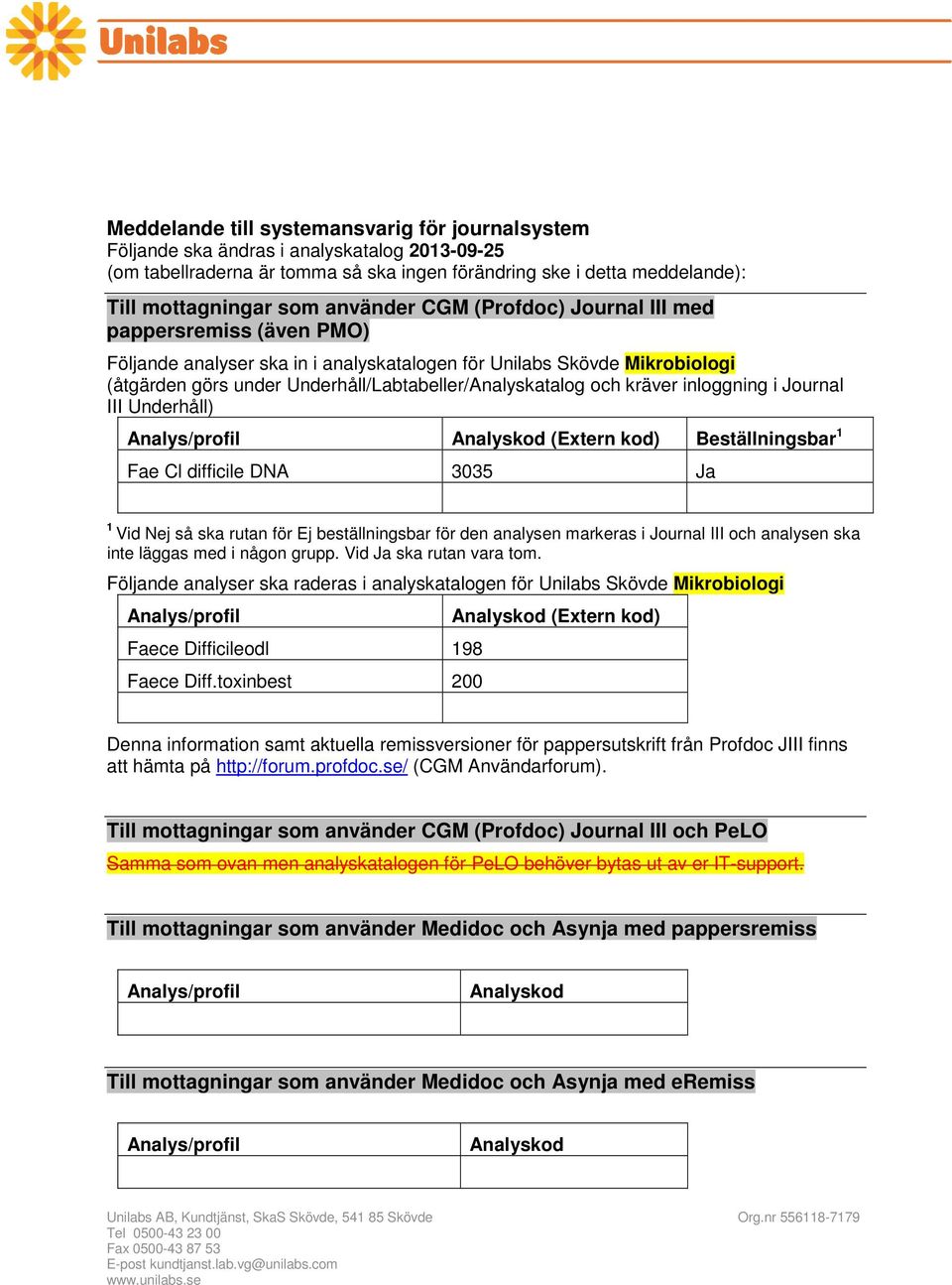 kräver inloggning i Journal III Underhåll) Analys/profil Analyskod (Extern kod) Beställningsbar 1 Fae Cl difficile DNA 3035 Ja 1 Vid Nej så ska rutan för Ej beställningsbar för den analysen markeras