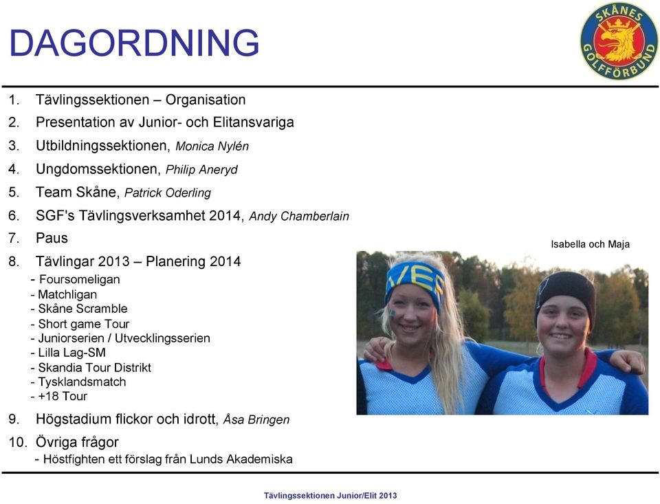 Tävlingar 2013 Planering 2014 - Foursomeligan - Matchligan - Skåne Scramble - Short game Tour - Juniorserien / Utvecklingsserien - Lilla Lag-SM -