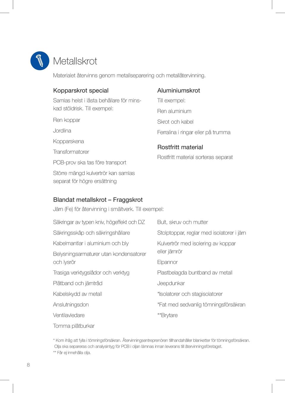 aluminium Skrot och kabel Ferralina i ringar eller på trumma Rostfritt material Rostfritt material sorteras separat Blandat metallskrot Fraggskrot Järn (Fe) för återvinning i smältverk.