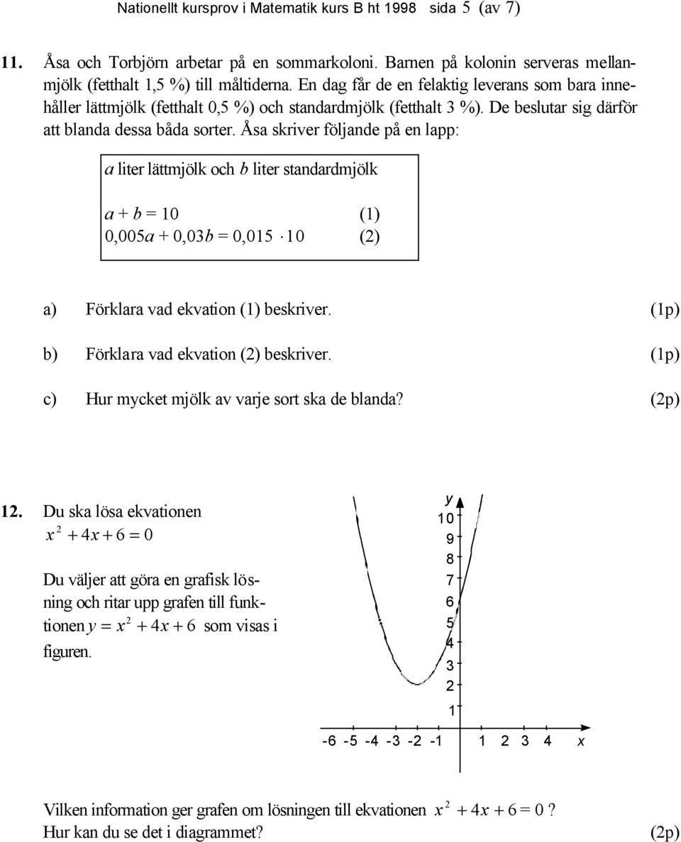 Åsa skriver följande på en lapp: a liter lättmjölk och b liter standardmjölk a + b = 10 (1) 0,005a + 0,03b = 0,015 10 () a) Förklara vad ekvation (1) beskriver.