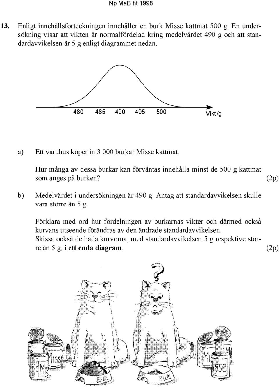 480 485 490 495 500 Vikt /g a) Ett varuhus köper in 3 000 burkar Misse kattmat. Hur många av dessa burkar kan förväntas innehålla minst de 500 g kattmat som anges på burken?