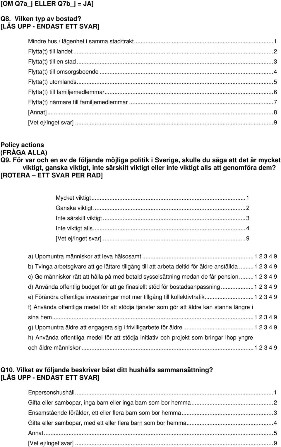 För var och en av de följande möjliga politik i Sverige, skulle du säga att det är mycket viktigt, ganska viktigt, inte särskilt viktigt eller inte viktigt alls att genomföra dem?